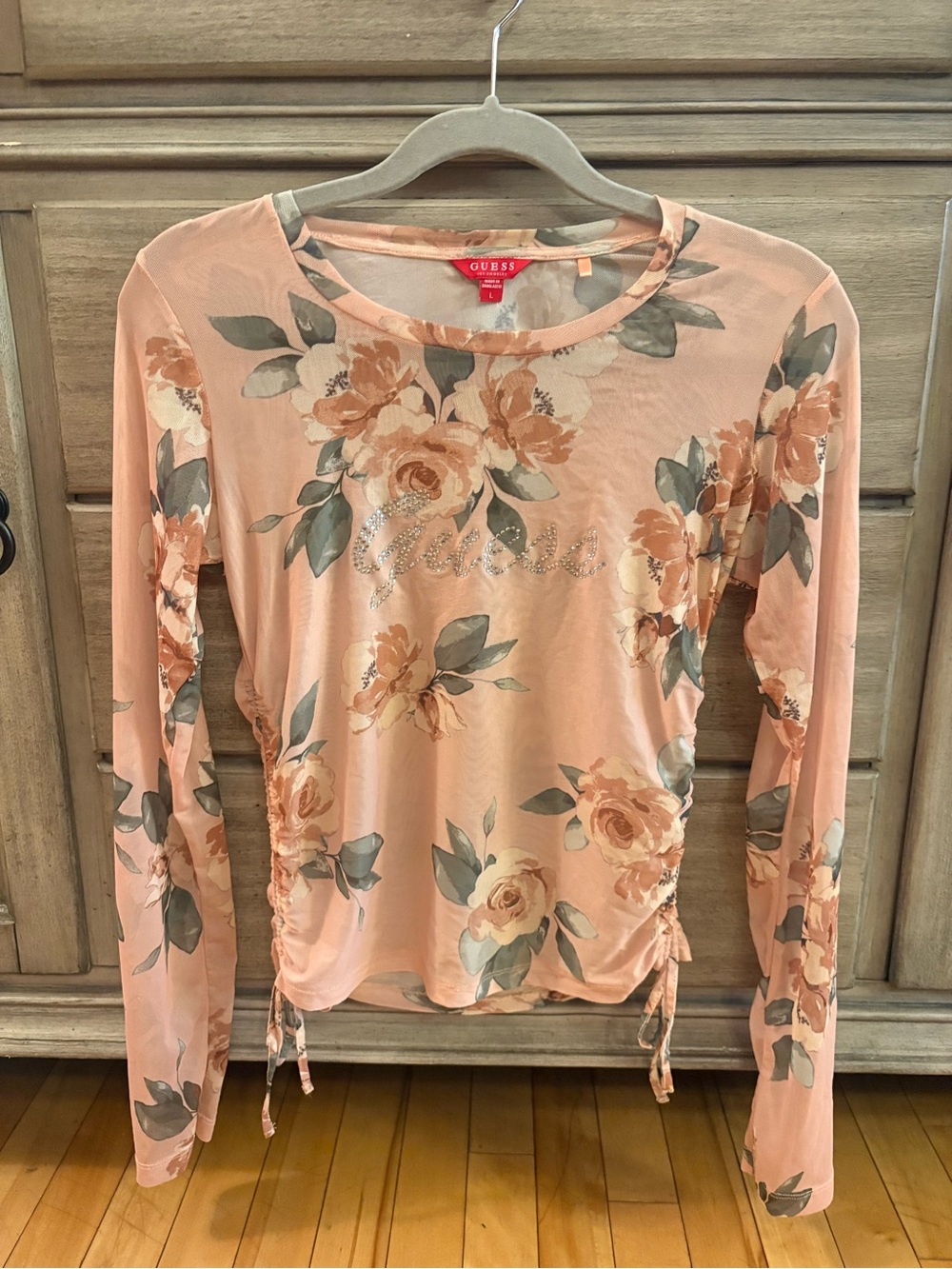 GUESS Pink Floral Mesh Ruched Long Sleeve Top | Rhinestone Logo | Size Large